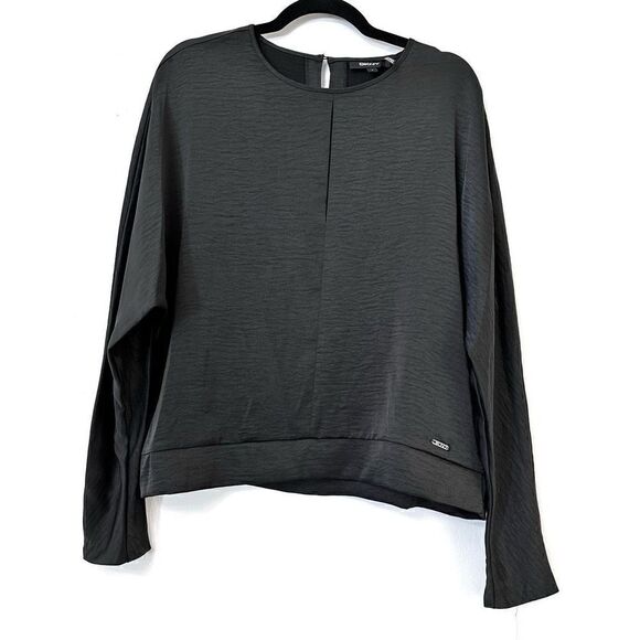 DKNY Keyhole Back Slash Neck Crinkled Long Sleeve Top Black Large - Picture 1 of 6